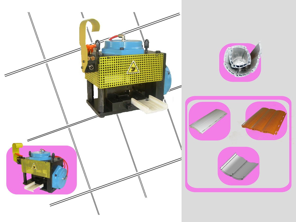 Macchina per incastro doghe tapparelle, pneumatica, di dimensioni ridotte, per effettuare l'incastro di profili tapparella con fermastecche / chiodo 
Pneumatic machine / unit for interlocking slats of shutters profiles
It can work workings on different lenght and typologies of profiles.
Working pressure: 6/8 bar
Actioning with valve or pedal
Small size
Possibility of basement